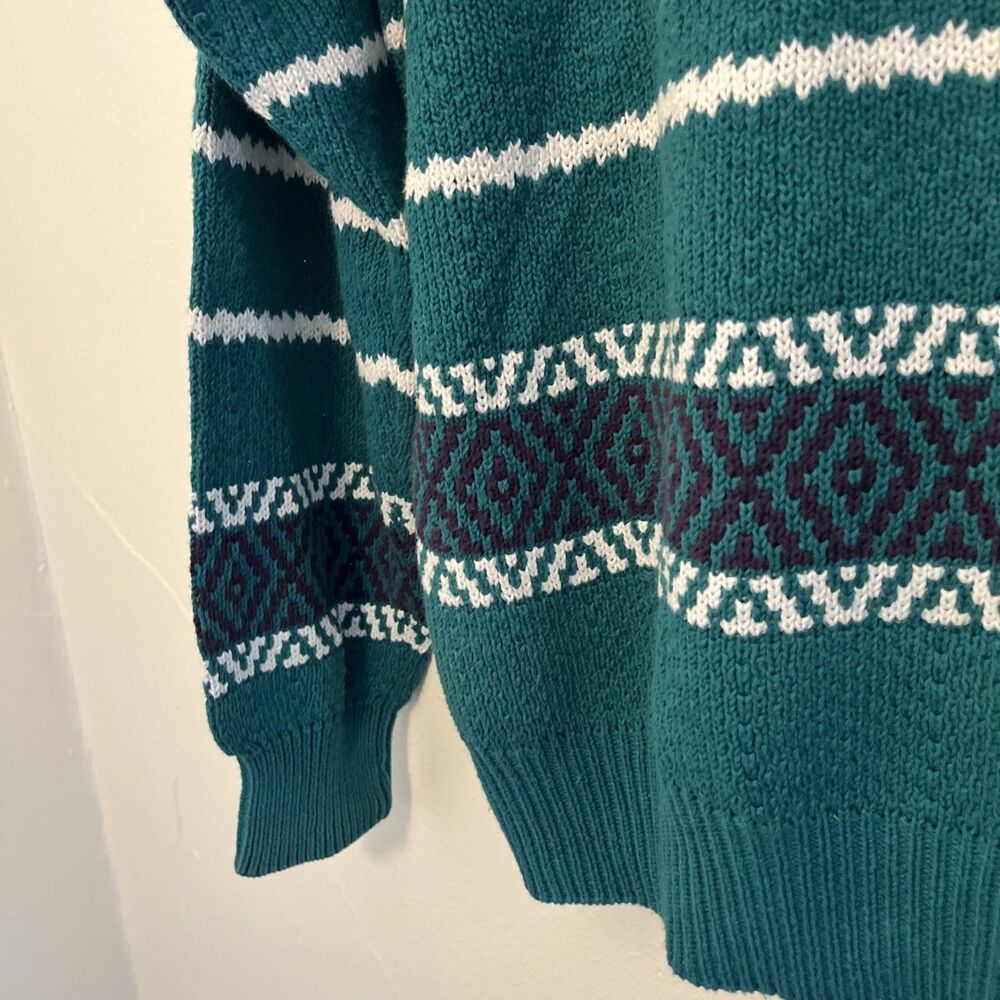 IZOD Vintage 80s Aztec Cotton Striped Grandpa Knit V Neck Sweater, Teal- Med. - Picture 9 of 9